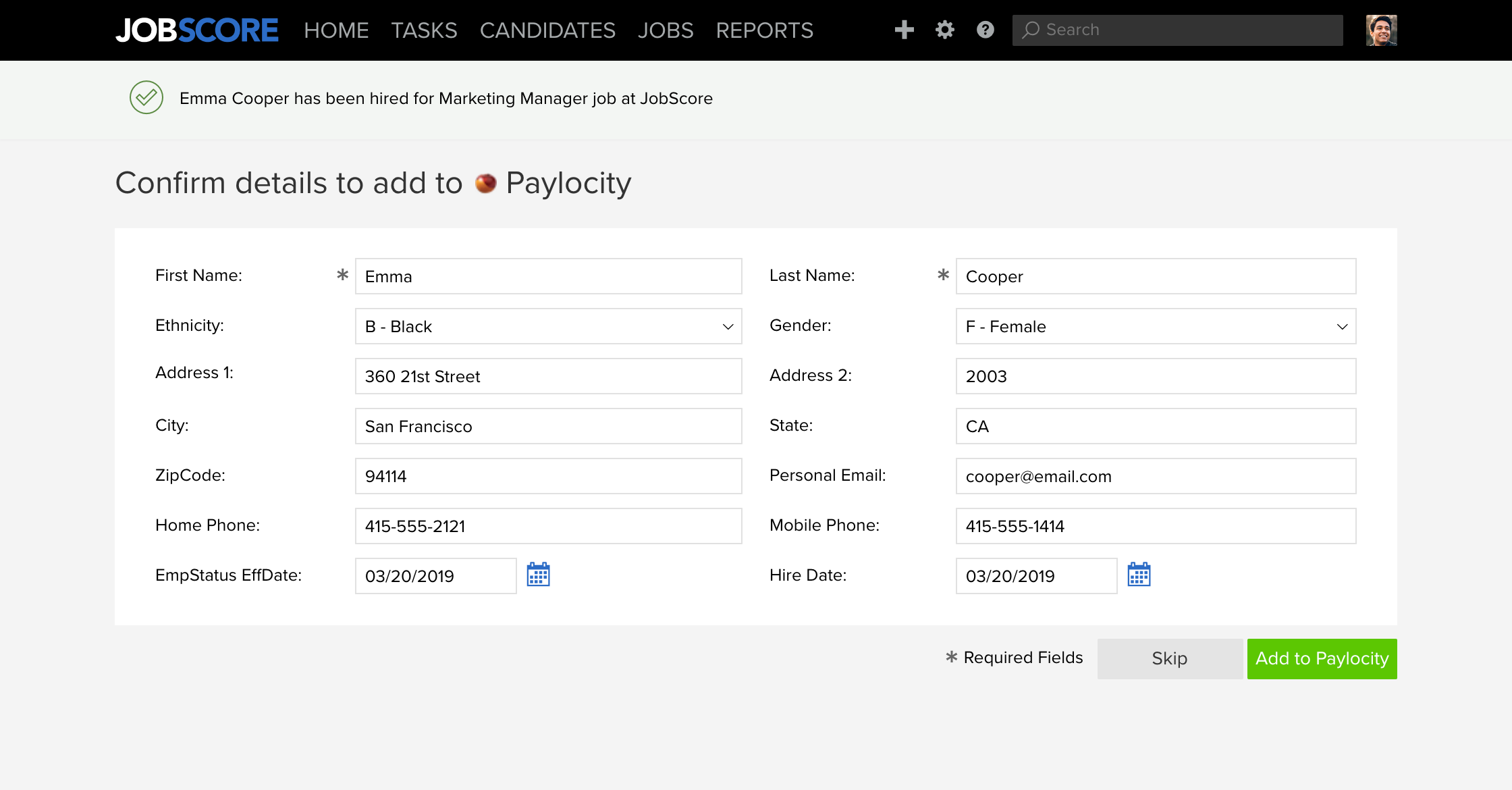 Confirm details to add to Paylocity page