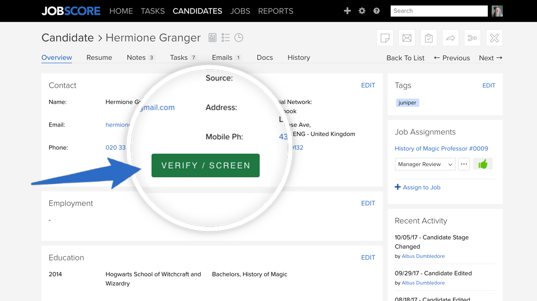 Candidate Overview page with VerifiedFirst button Start Background check from Candidate page