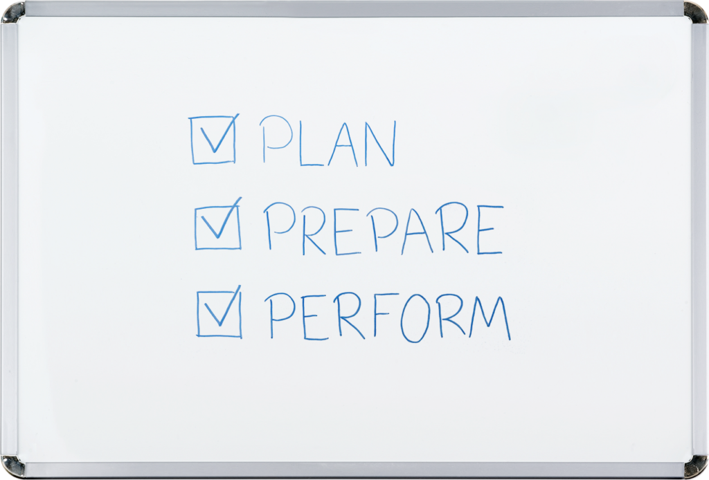 A whiteboard with the words, plan, prepare, and perform beside check boxes.