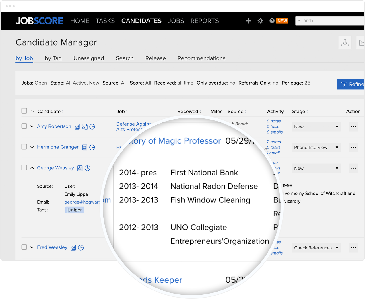 Magnified candidate resume overview using JobScore's Candidate Manager software.