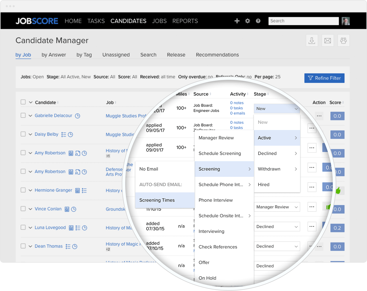 Setting applicant screening times in candidate manager for an efficient recruitment process.