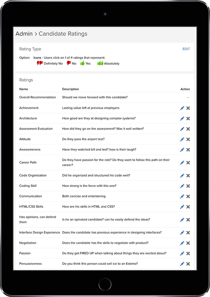 Candidate rating criteria page in JobScore on tablet.