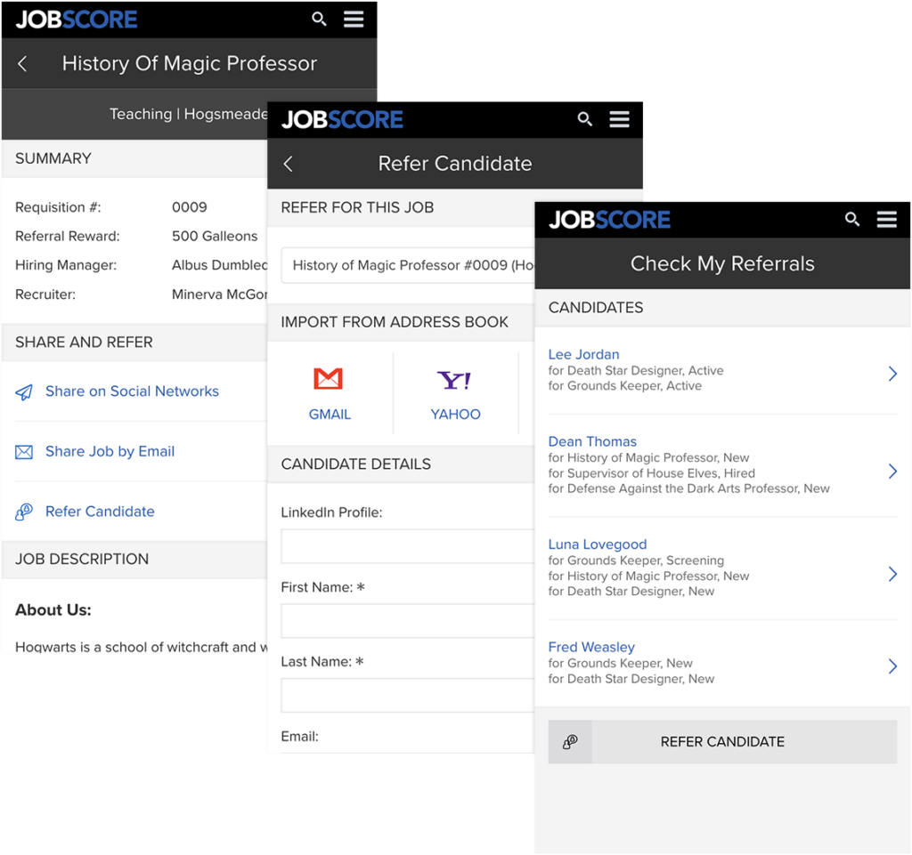 Employee referral portal page lineup.