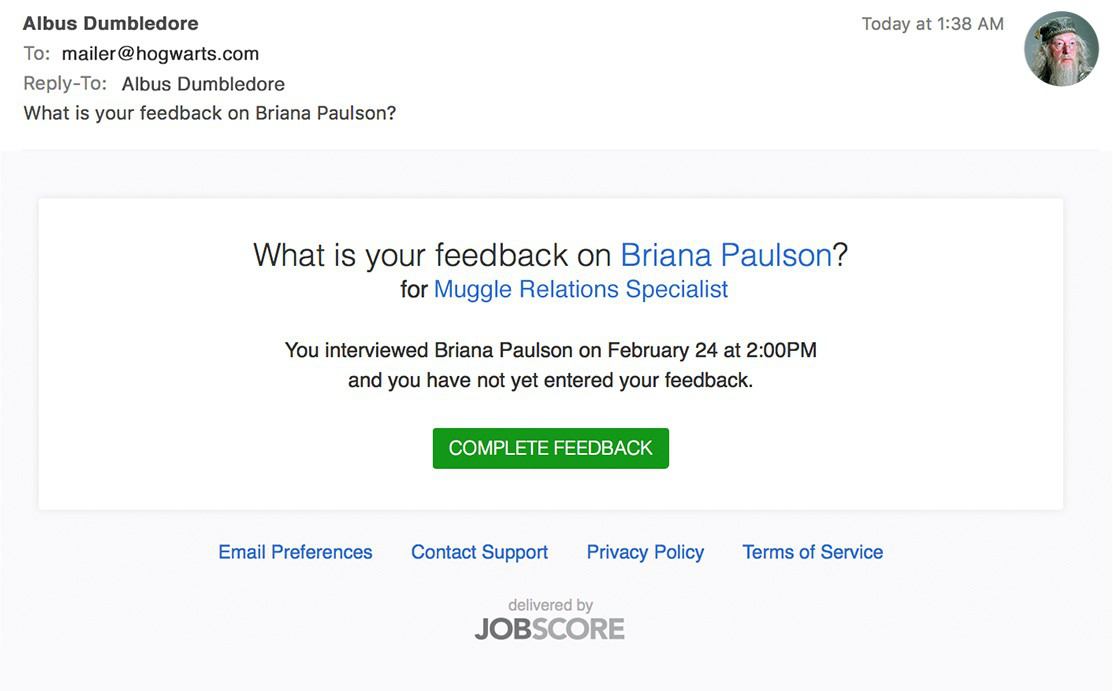 Email for collecting interview feedback for hires.