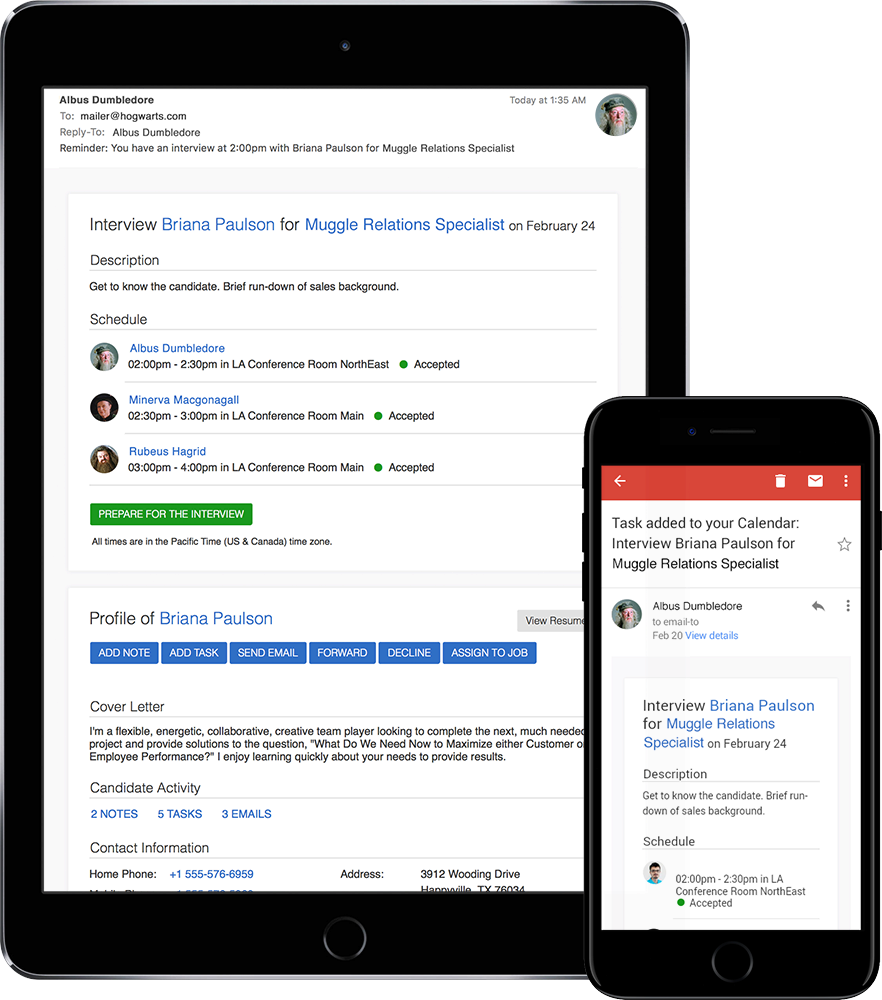Notification email for a scheduled interview on phone and tablet