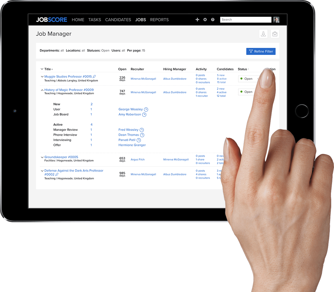 A hand using the job manager page on JobScore