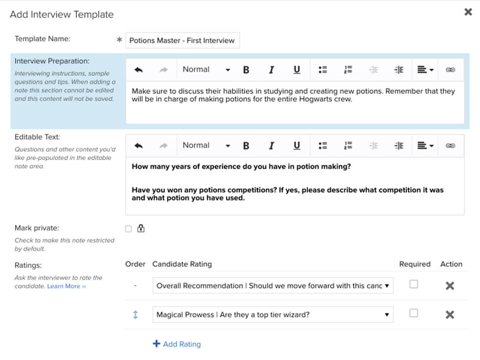 Listing of multiple interview templates for recruiting admins.