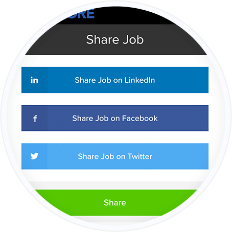 LinkedIn, Facebook and Twitter buttons for social recruiting.