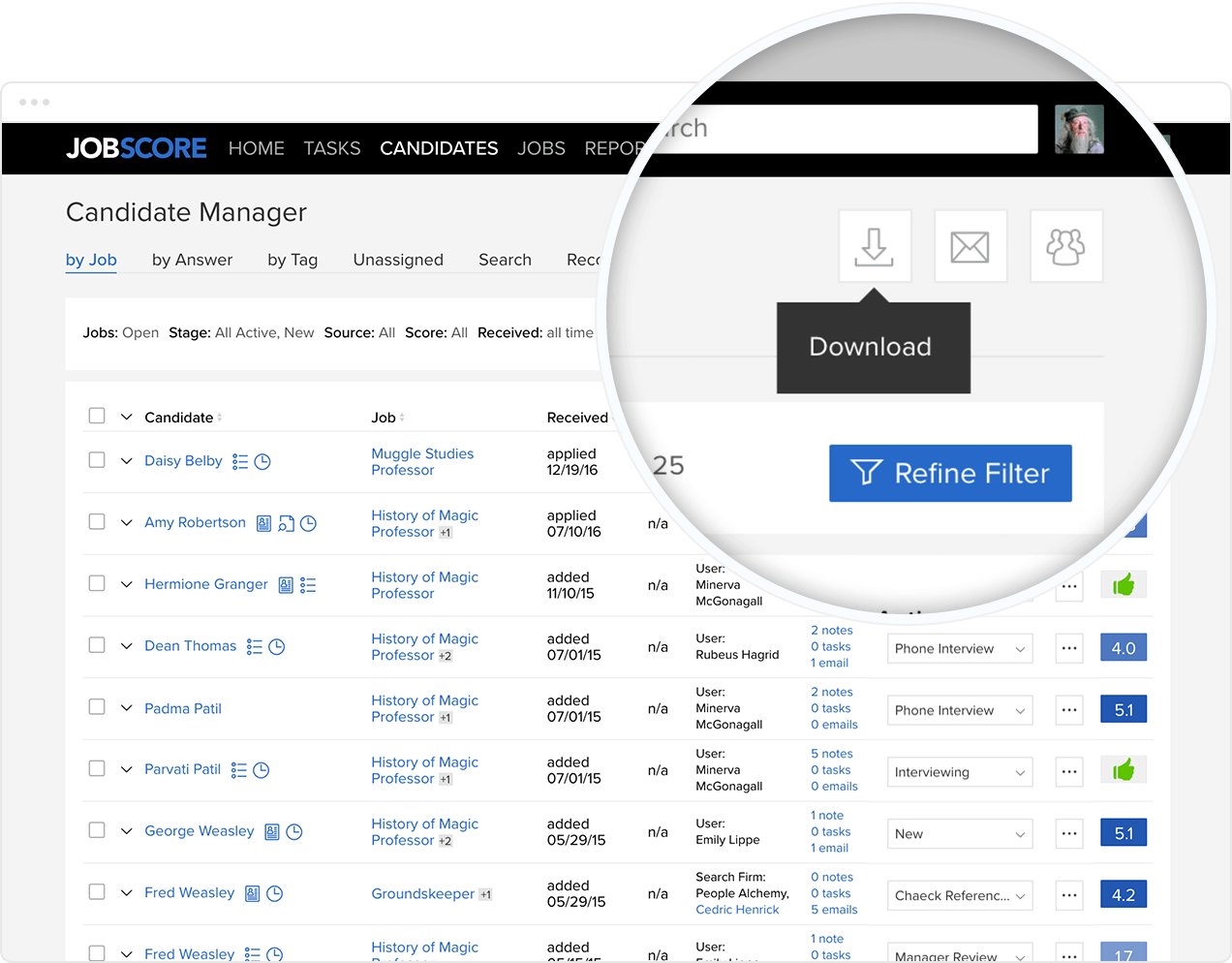 Magnified download link on JobScore recruiting software Candidate Manager page.