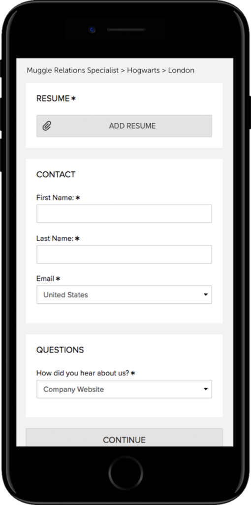 Example of a short job application form on a mobile device.