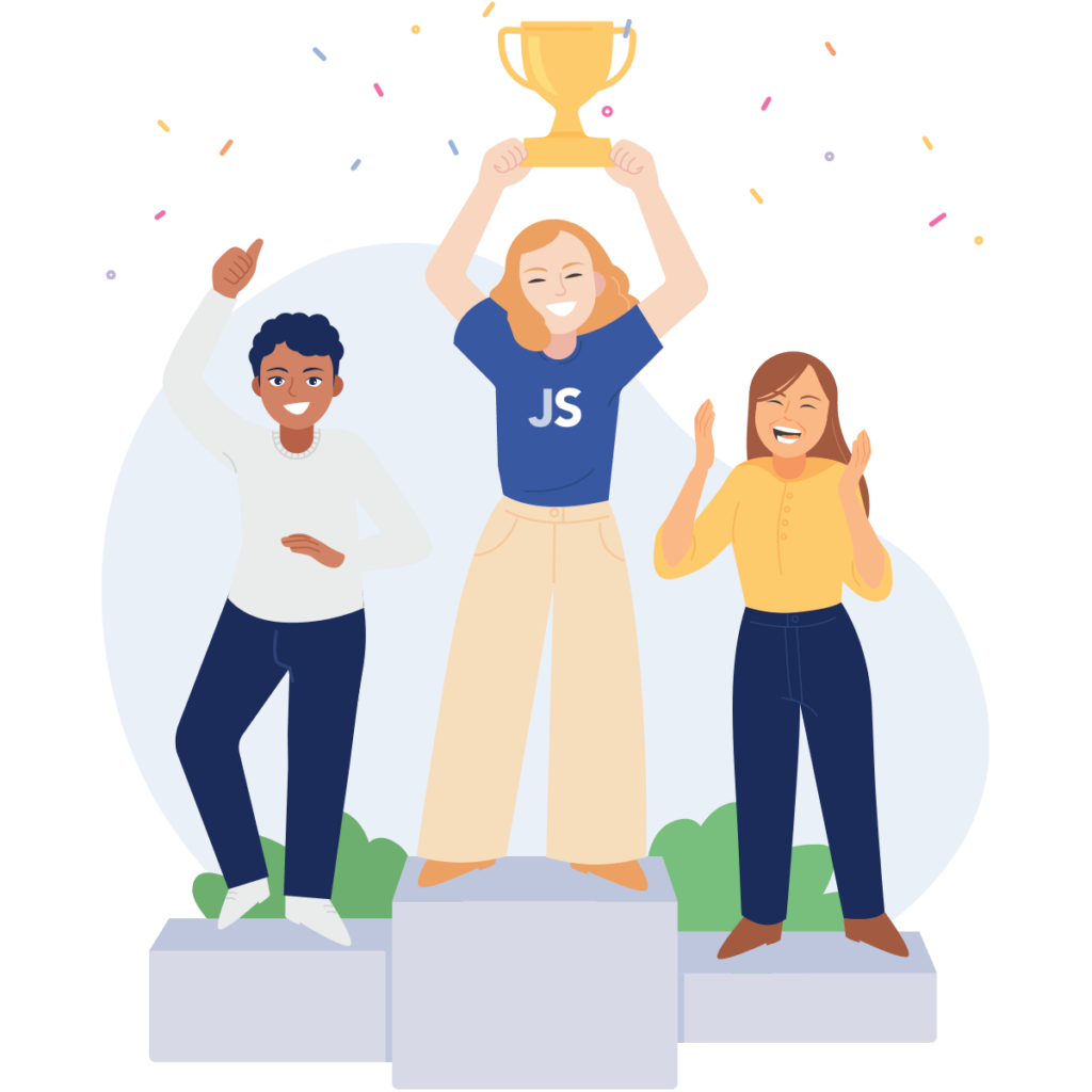 Illustration of a JobScore-shirted figure holding a trophy aloft on a winner's podium