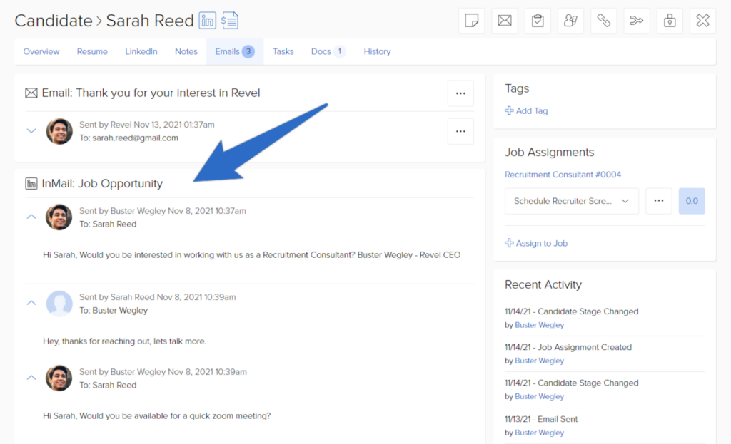 JobScore candidate profile showing LinkedIn InMail and an email thread with a recruiter