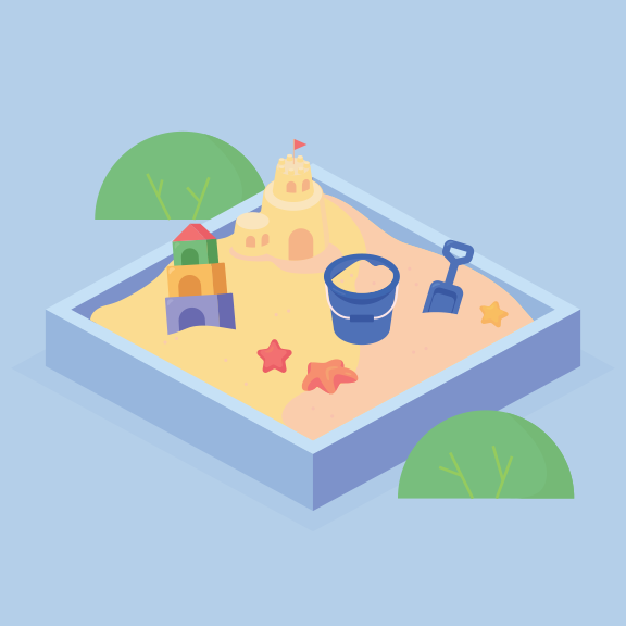 A sandbox illustration with a sand castle and some toy tools