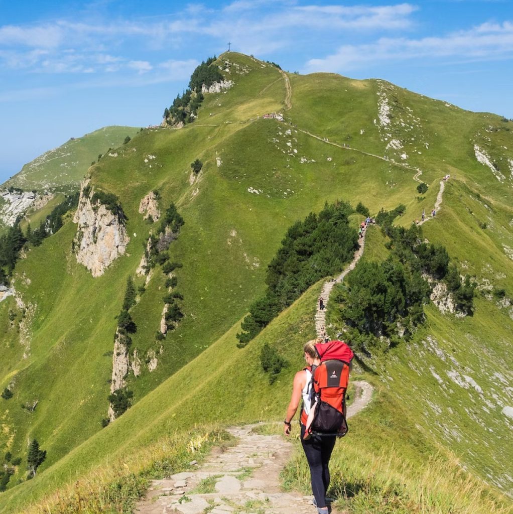 A person hiking through a green mountain field