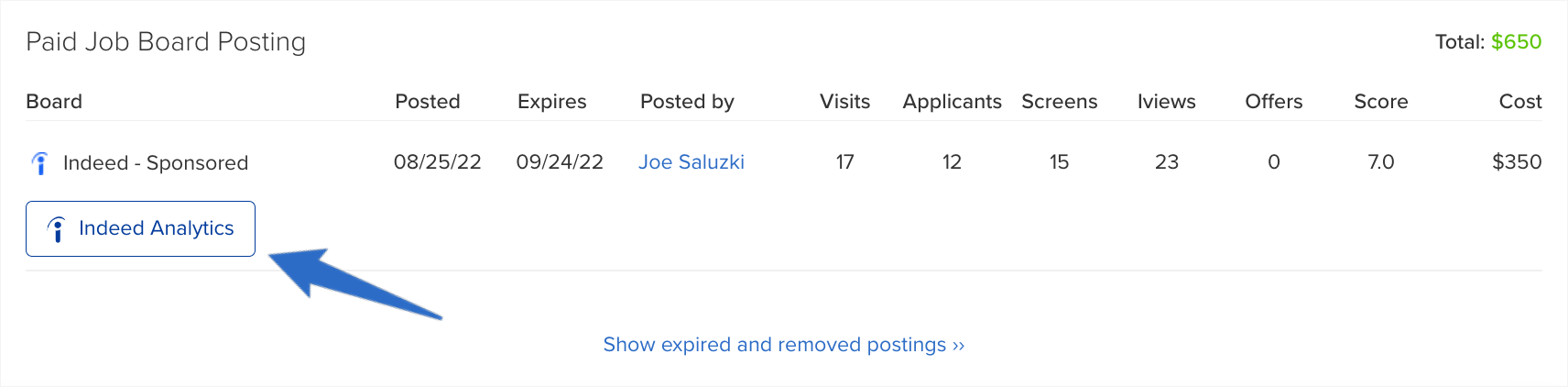 Indeed integration showing analytics button on job board posting report