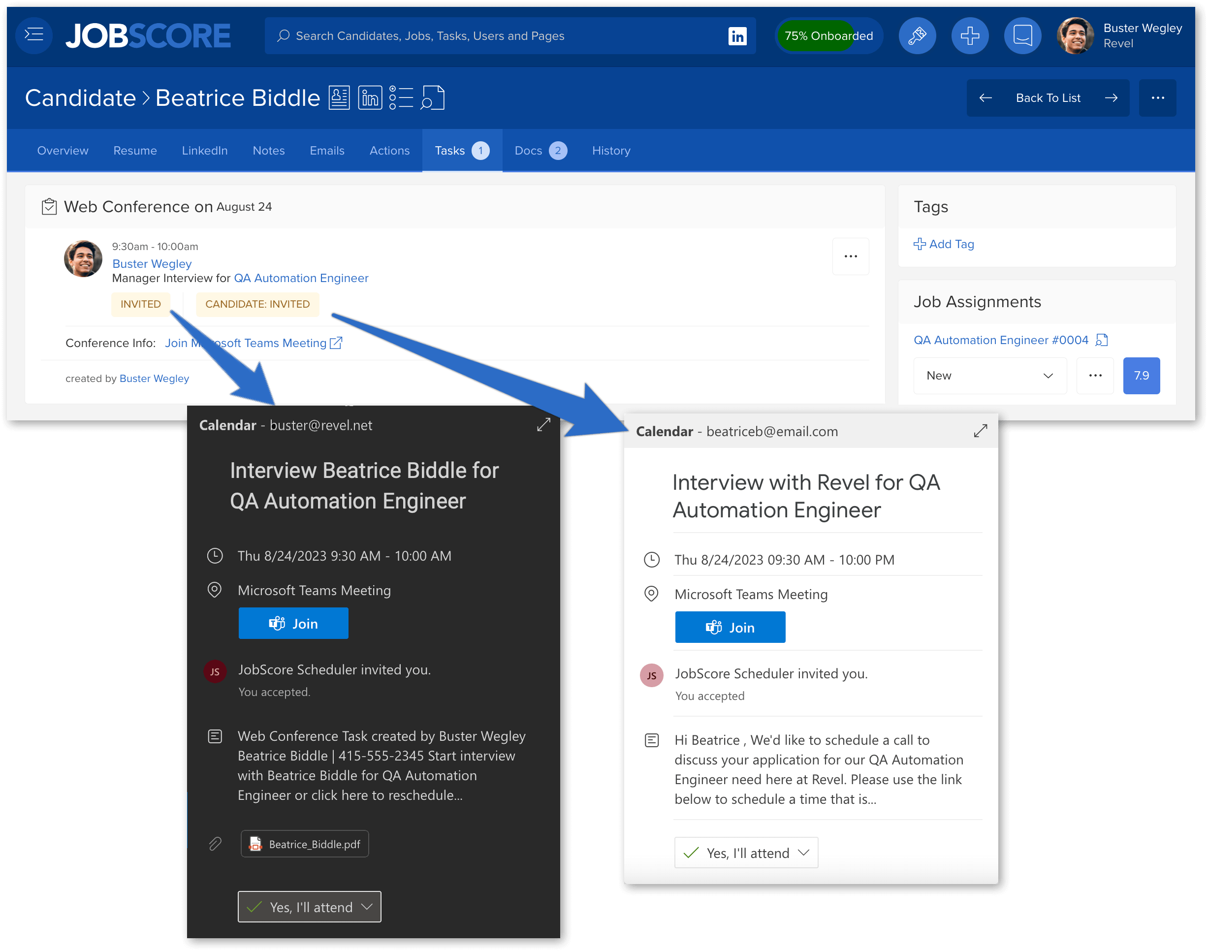 Add interview details to the interviewer’s calendar and candidate’s calendar.