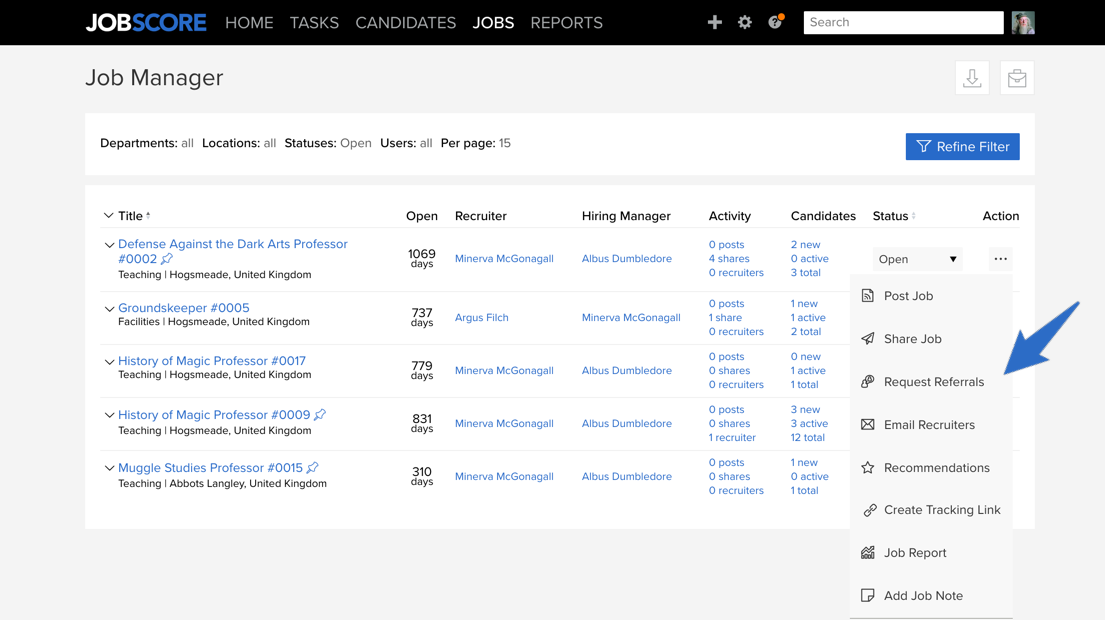 Open Action Menu on Job Manager