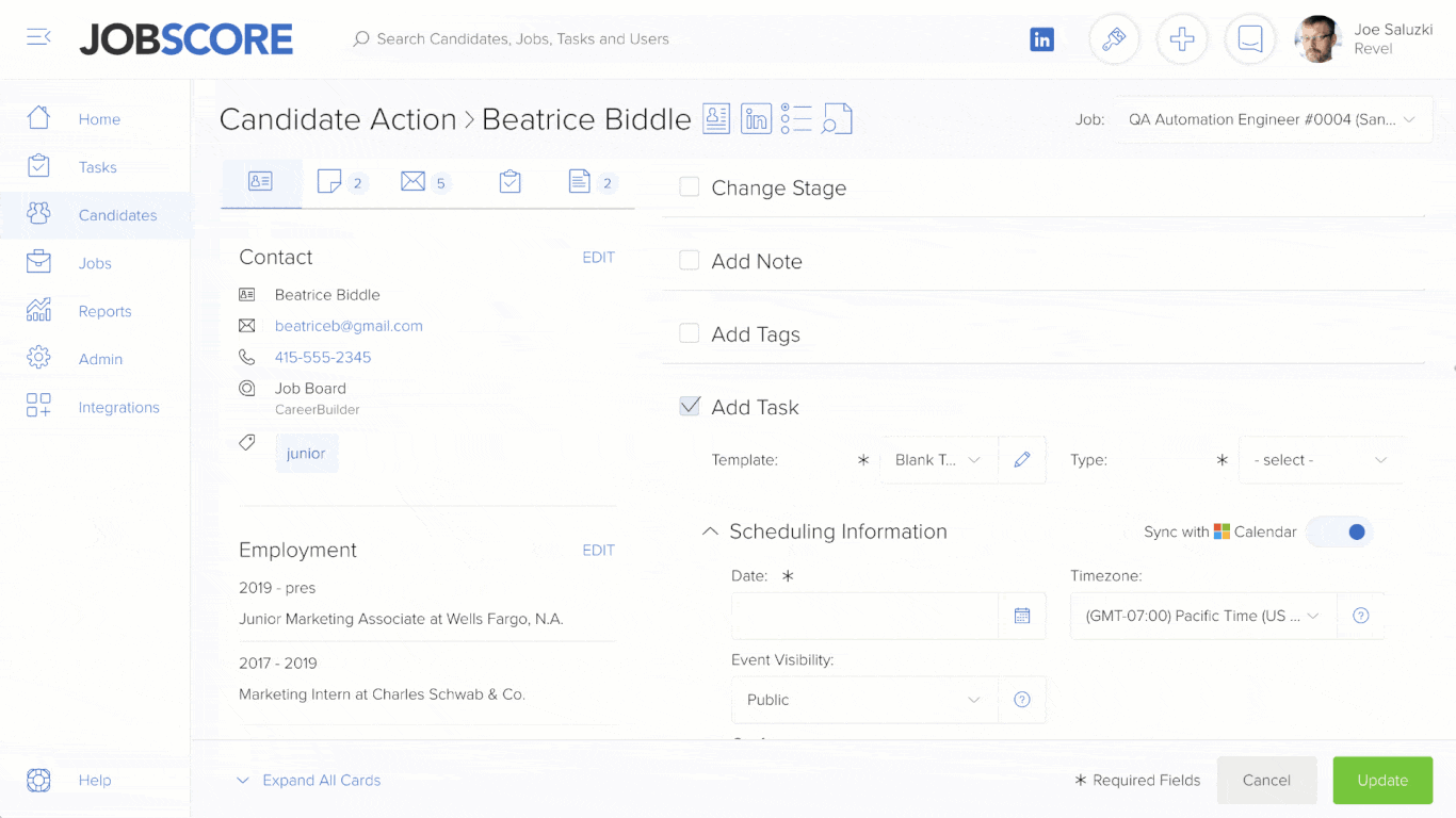 JobScore responsive user experience with expanding navigation and columns