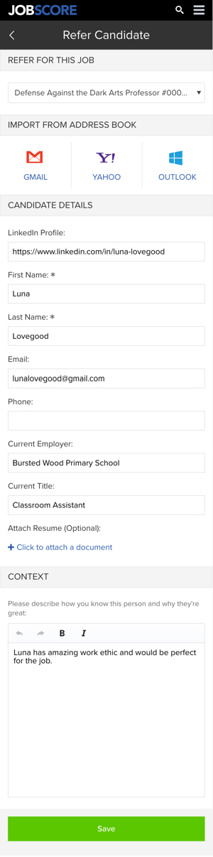 Screenshot of JobScore's mobile Refer Candidate form with candidate details and context fields