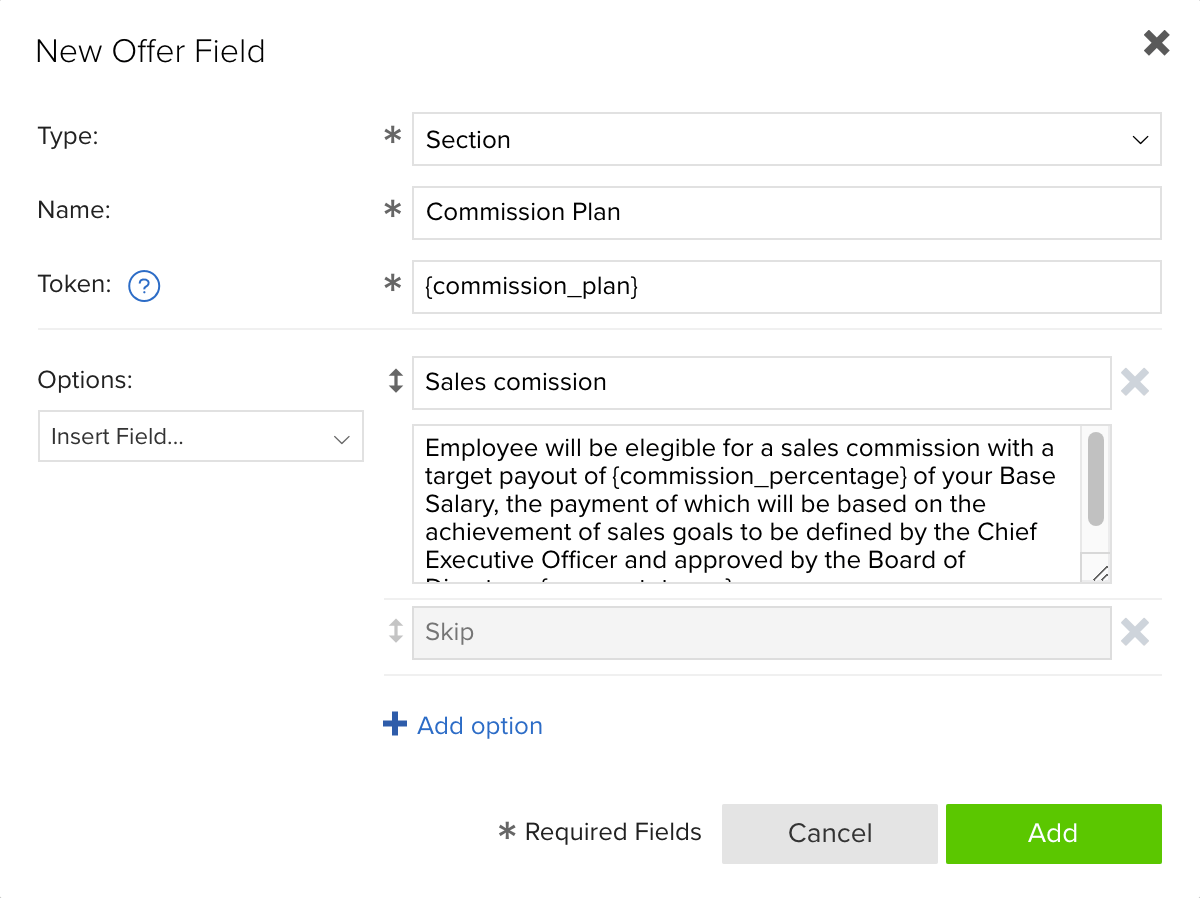 Screenshot of Add Offer Field Section with commission plan text and two embedded fields, highlight the embedded offer fields for commission percentage and payment terms