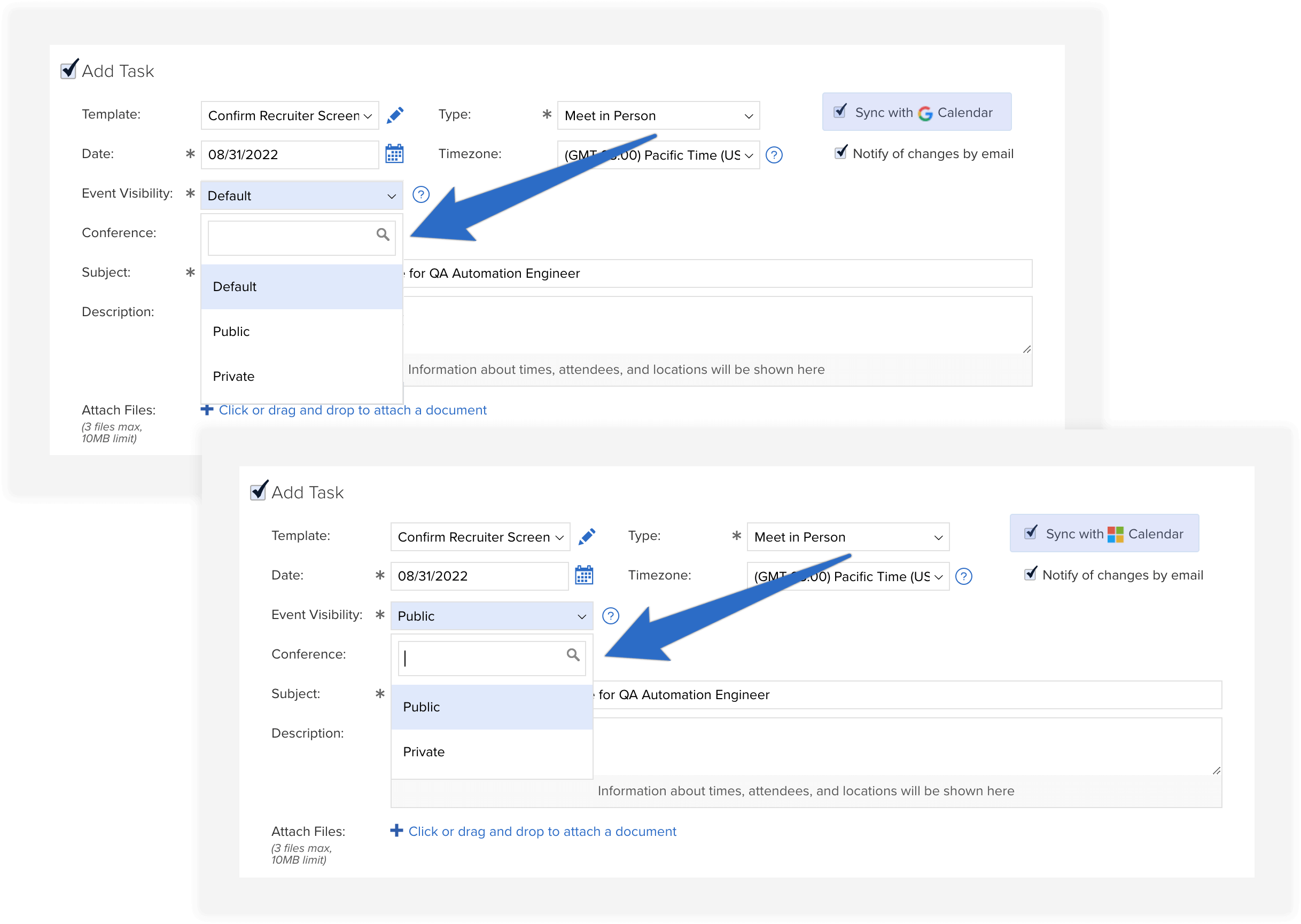 Create private calendar events using the event visibility control in JobScore