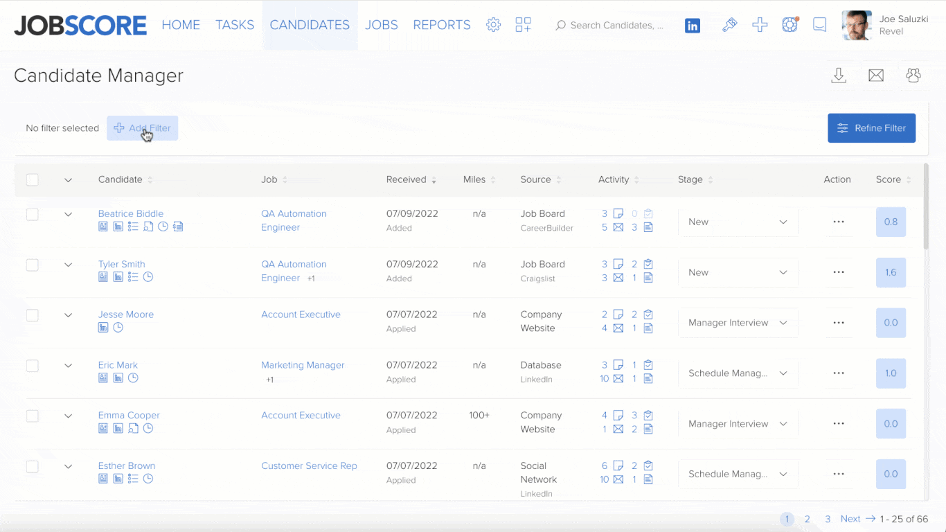 Use quick filters to quickly build lists of candidates, jobs, tasks, and more in the JobScore applicant tracking system