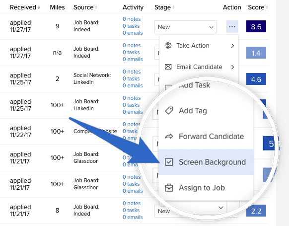 Screen Background link on candidate menu Start background check process with VerifiedFirst in JobScore