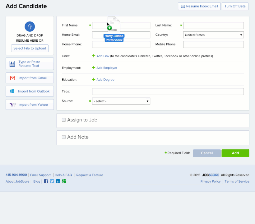 Adding a candidate in JobScore by dragging a resume file onto the Add Candidate form
