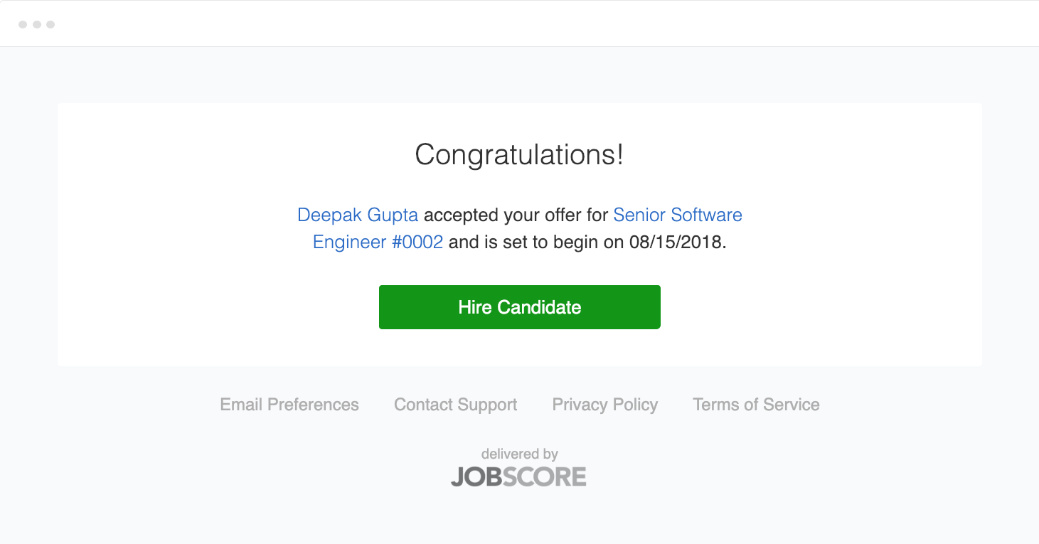An offer letter acceptance notification via the JobScore Adobe Sign integration