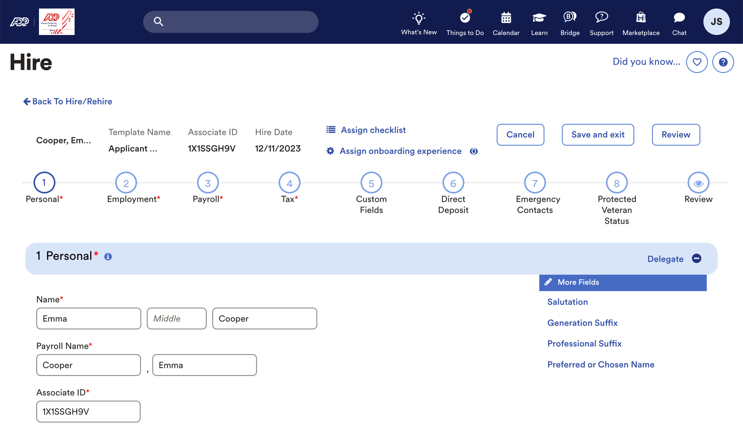 Populating ADP Workforce Now employee records with candidate data transferred from the JobScore ATS integration