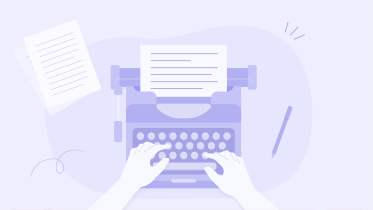 Illustration of two hands typing on a typewriter beside a printed page and a pen, on a lavender background