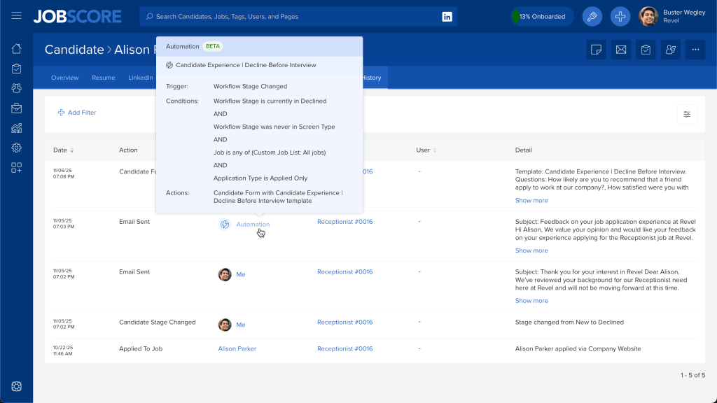 Automation event on candidate's history page