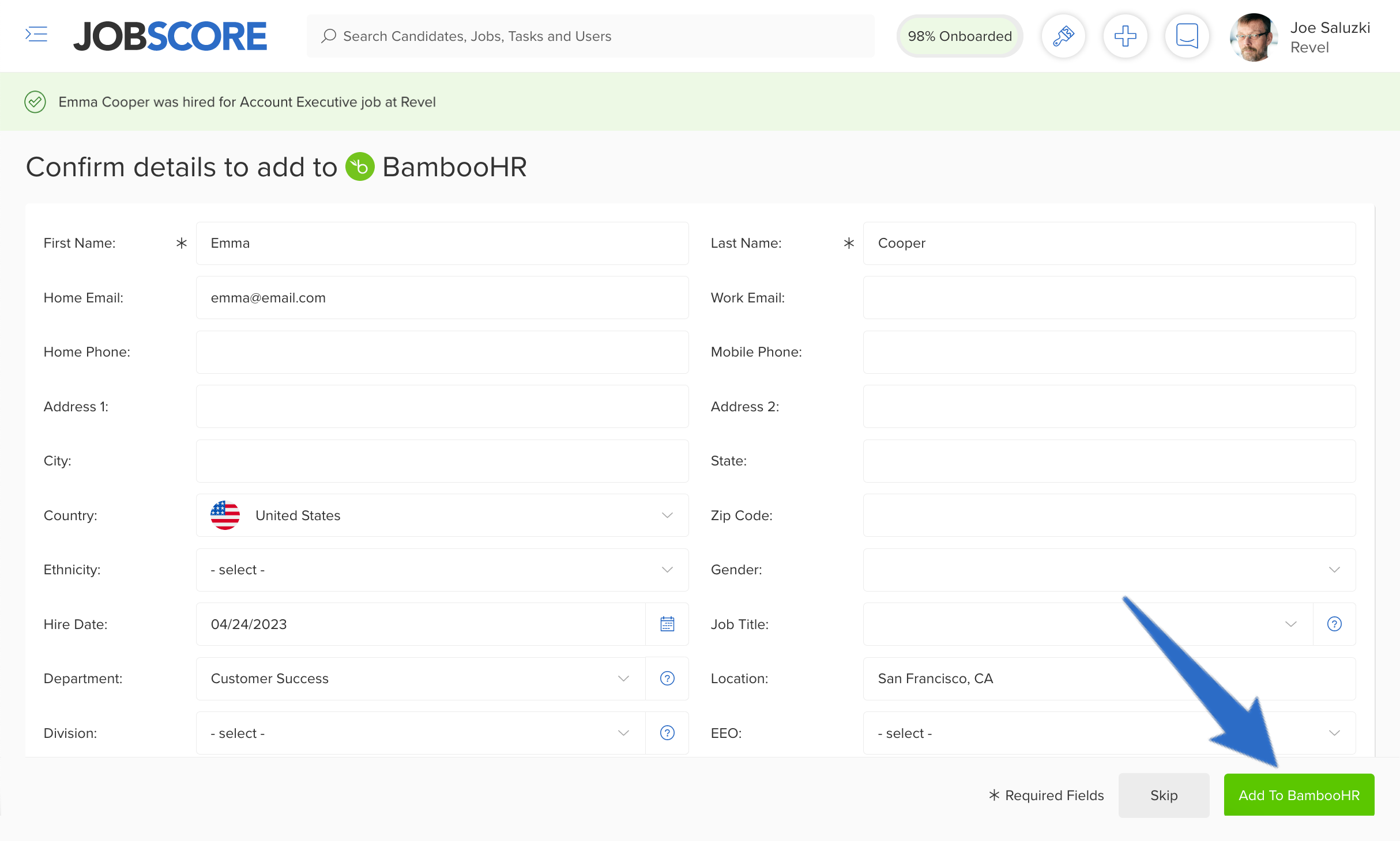 Sync hired candidates between ATS and HRIS via the JobScore BambooHR integration