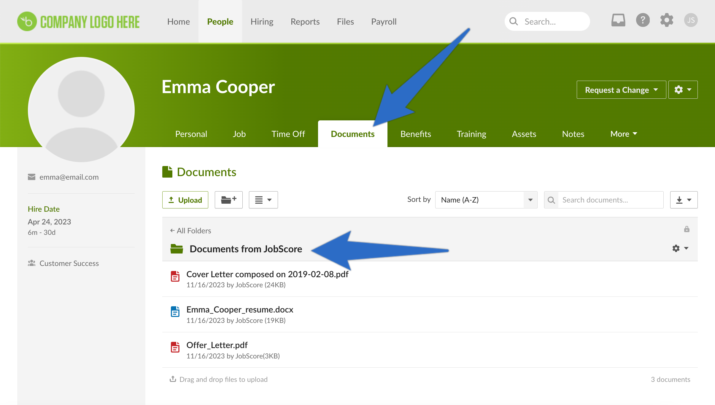 Automated candidate resume and signed offer letter file exports from JobScore into BambooHR employee files