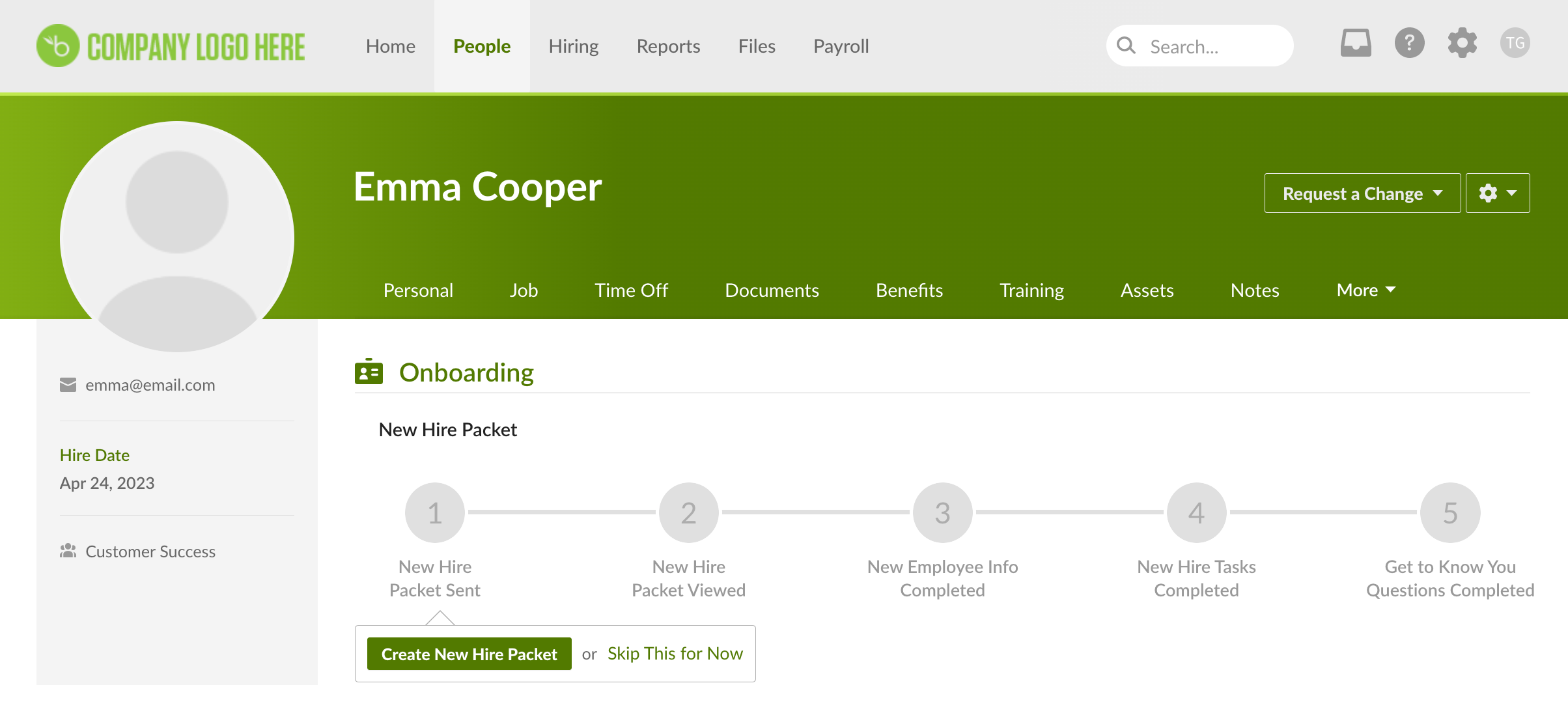BambooHR interface showing a new hire onboarding workflow using synced candidate data from the JobScore ATS integration