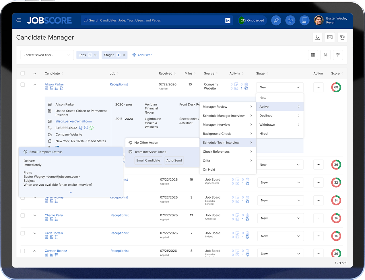 Setting applicant screening times in candidate manager for an efficient recruitment process.