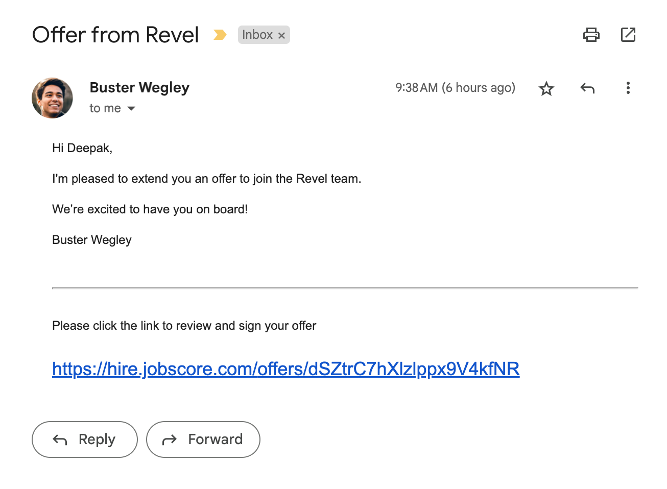 Candidate view of an offer letter email created through the JobScore Docusign ATS integration