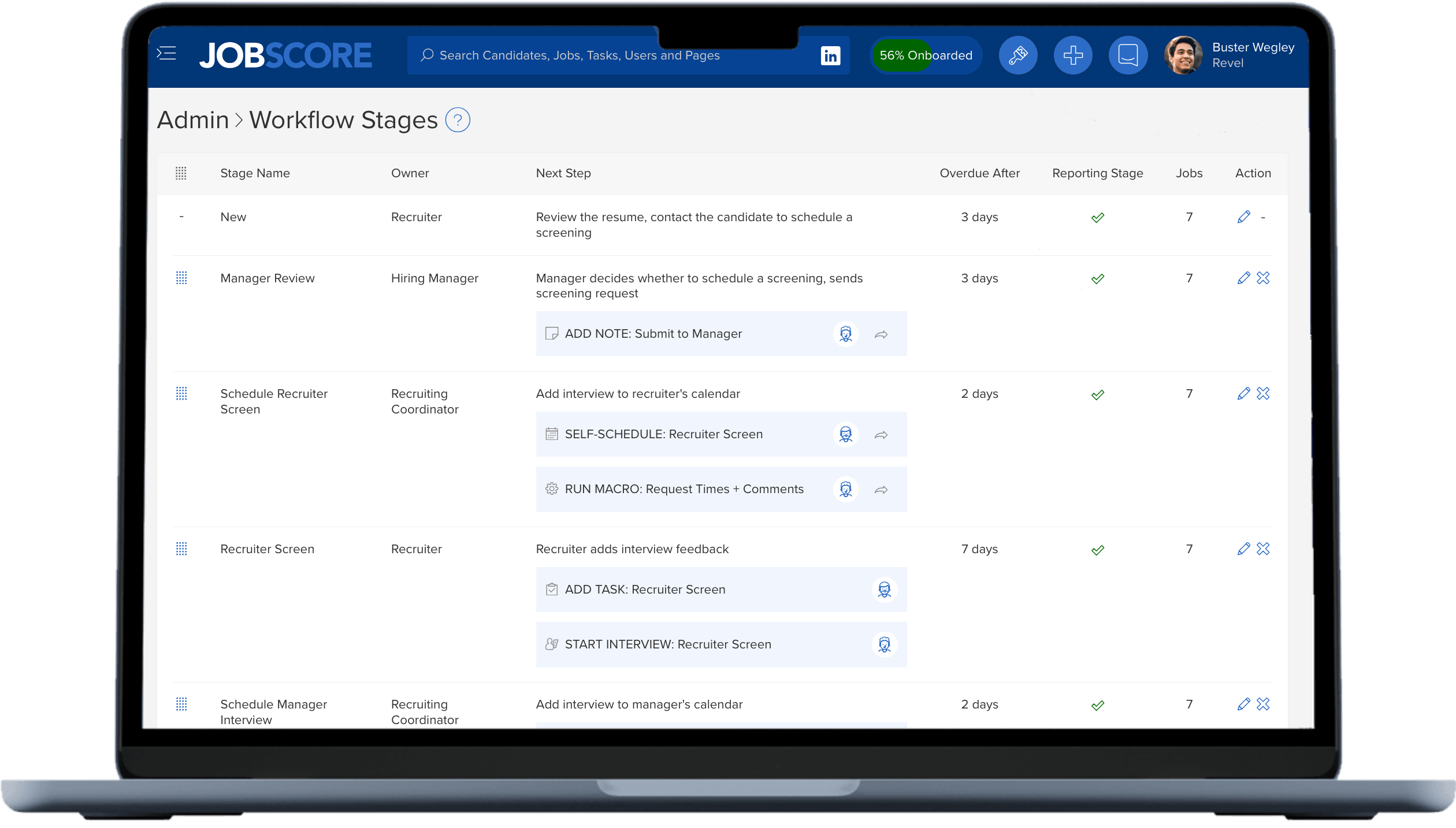 custom candidate stages on desktop Customizeable candidate stages on recruitment dashboard.
