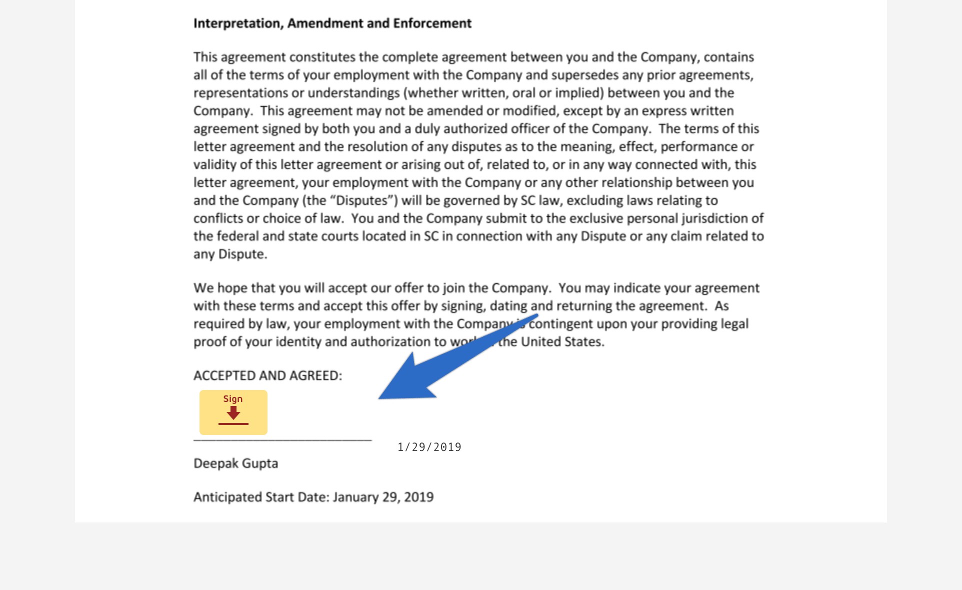 An official job offer letter from JobScore ATS for a candidate to accept in Adobe Acrobat Sign
