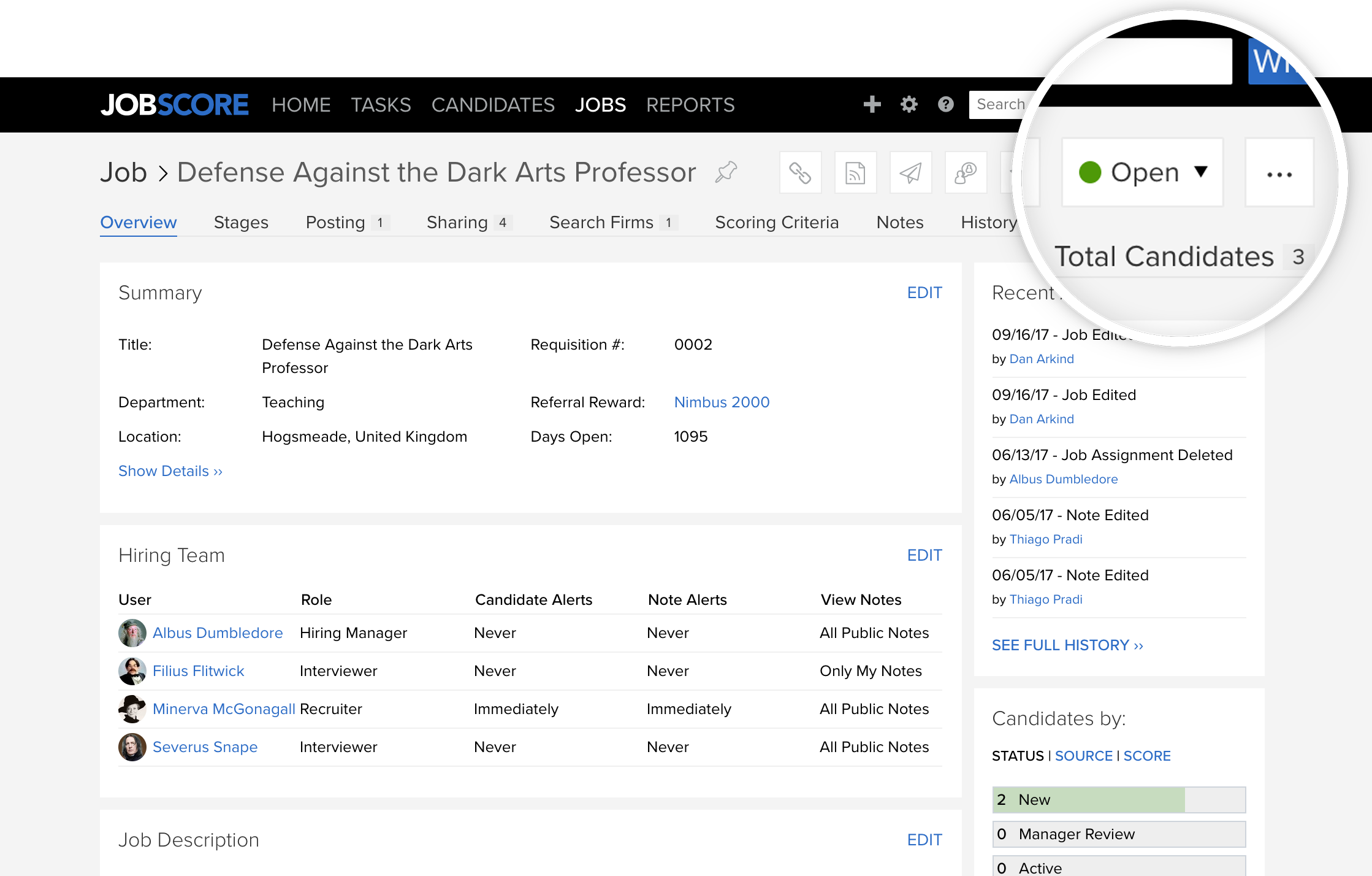 JobScore job overview page with the Open status dropdown magnified in the top right
