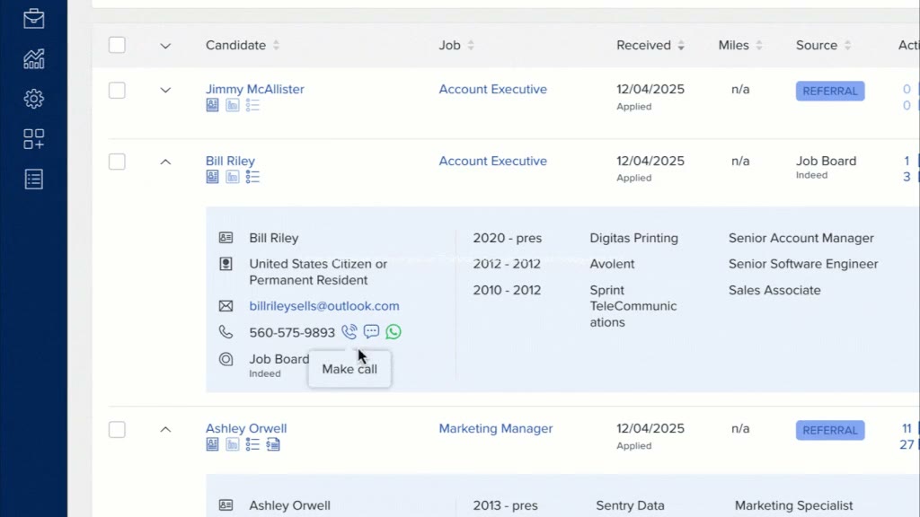 JobScore candidate manager list showing candidates with call, text, and WhatsApp contact icons