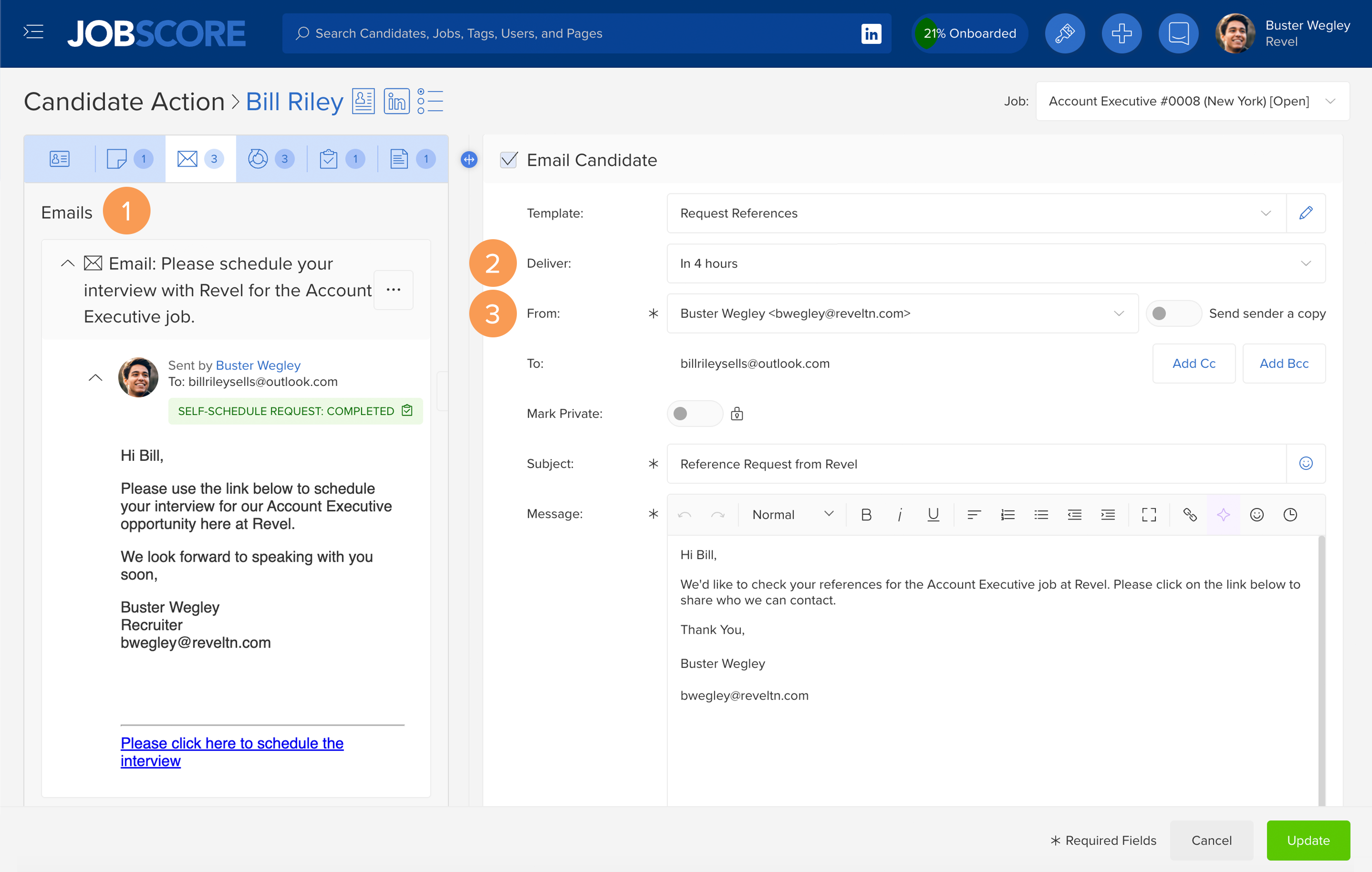 Email composed to be sent at a later time using JobScore automation tool