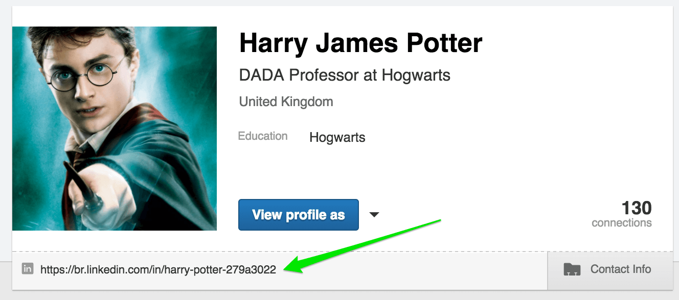 LinkedIn candidate profile with a green arrow pointing to the profile URL