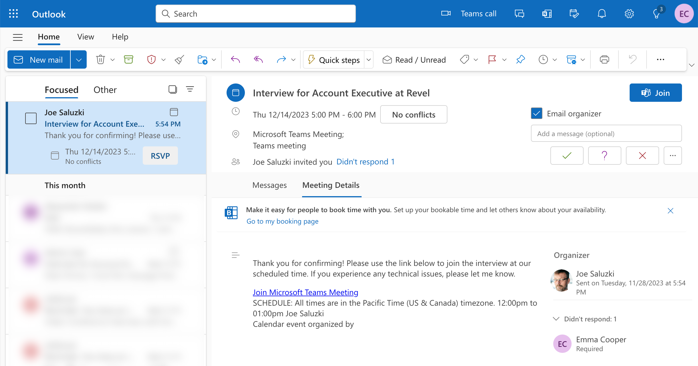 A formal interview invitation email sent to a job candidate via the JobScore integration with Microsoft Outlook calendar