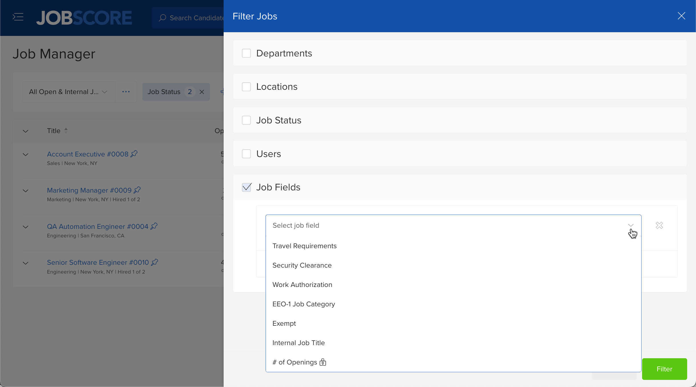 Filtering jobs by job fields on Job Manager page using JobScore applicant tracking system