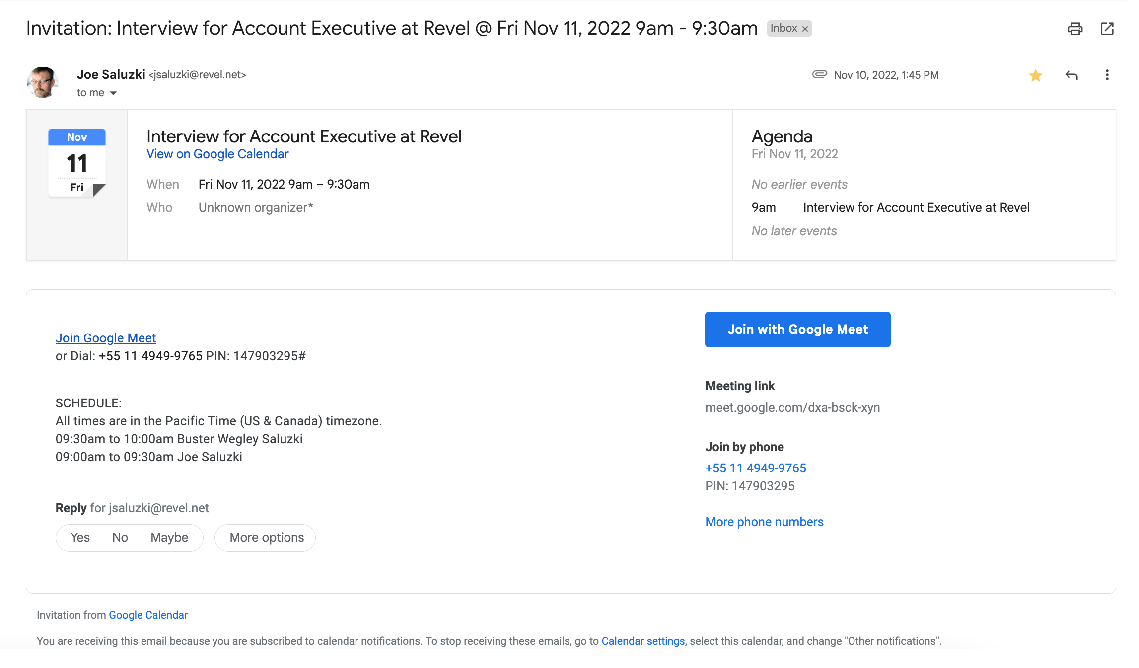 A formal interview invitation email sent to a job candidate via the JobScore integration with Google Calendar
