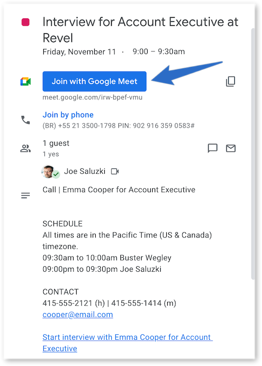 Calendar event from JobScore with a direct link to join the scheduled interview on Google Meet