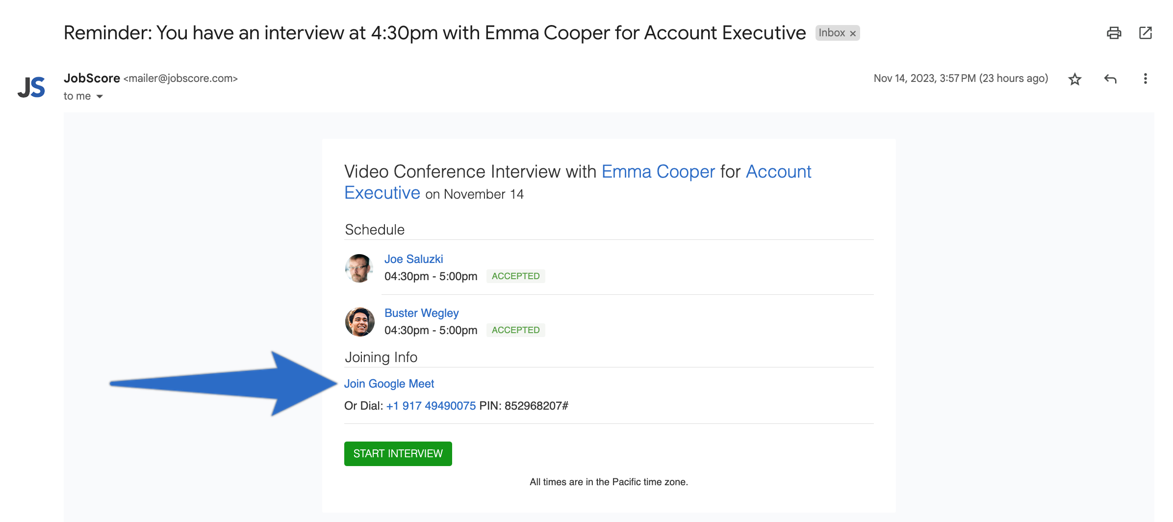 JobScore interview notification email with a one-click Google Meet join link