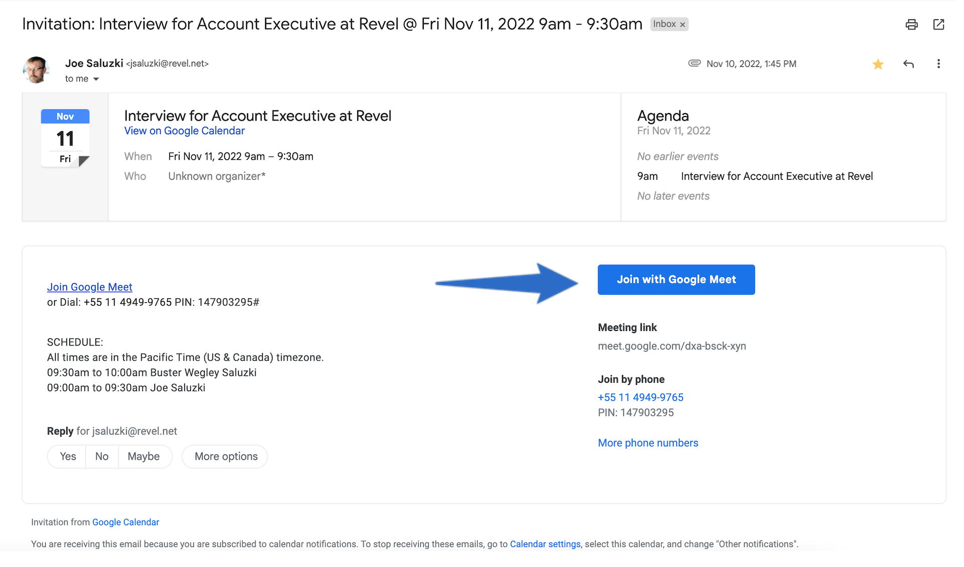 JobScore interview invitation email to hiring team with an embedded Google Meet video conferencing link