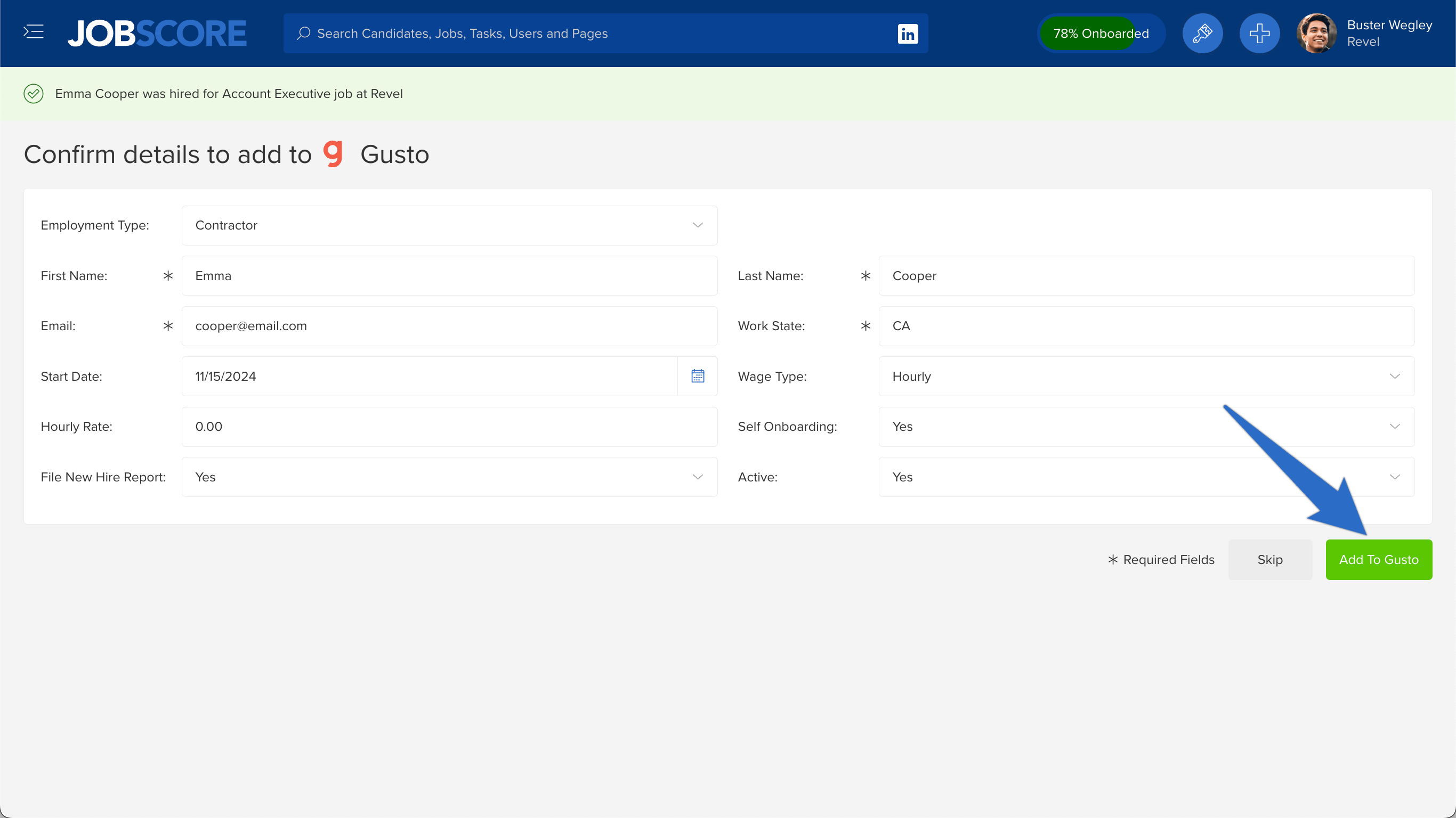 Sync hired candidates between ATS and HRIS via the JobScore Gusto integration